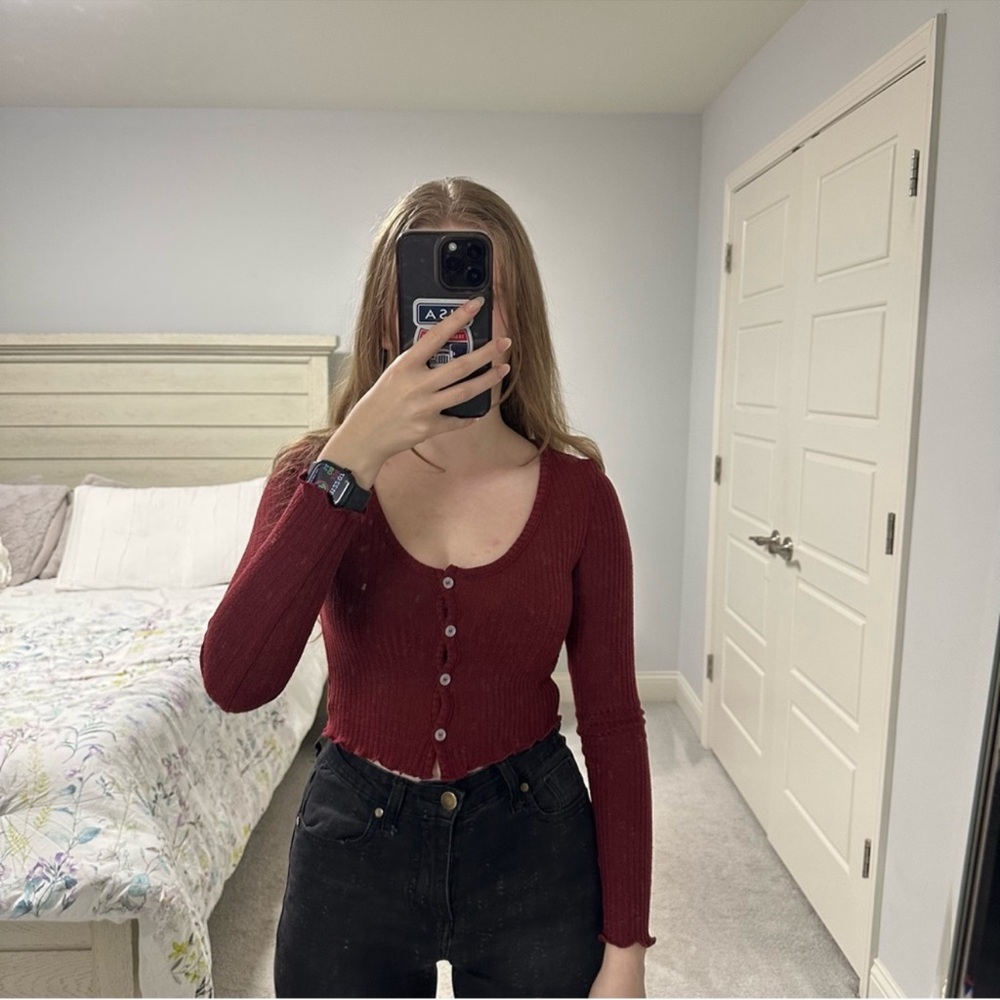 SHEIN Burgundy Lettuce Trim Button-Up Ribbed Top Size XS